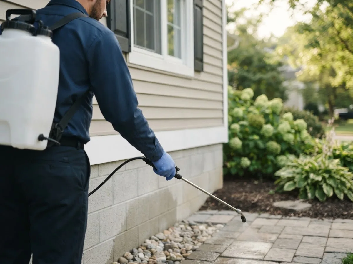 Pest control technician inspecting a home in Bushnell, FL